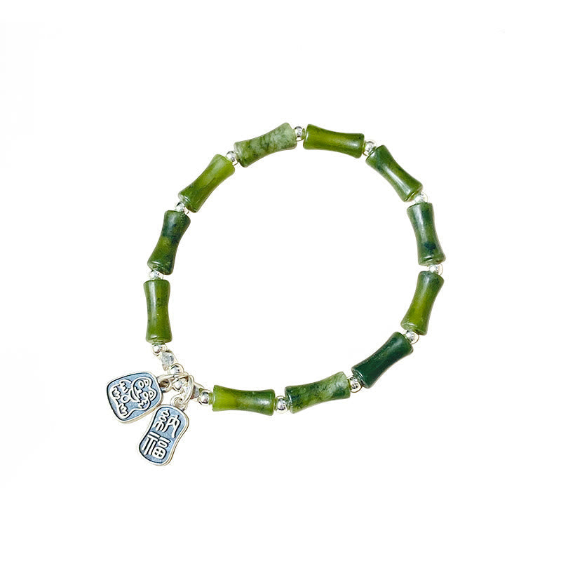 Fortune Jewel 925 Sterling Silver Bamboo Jade Lucky Cat Fu Character Luck Abundance Bracelet