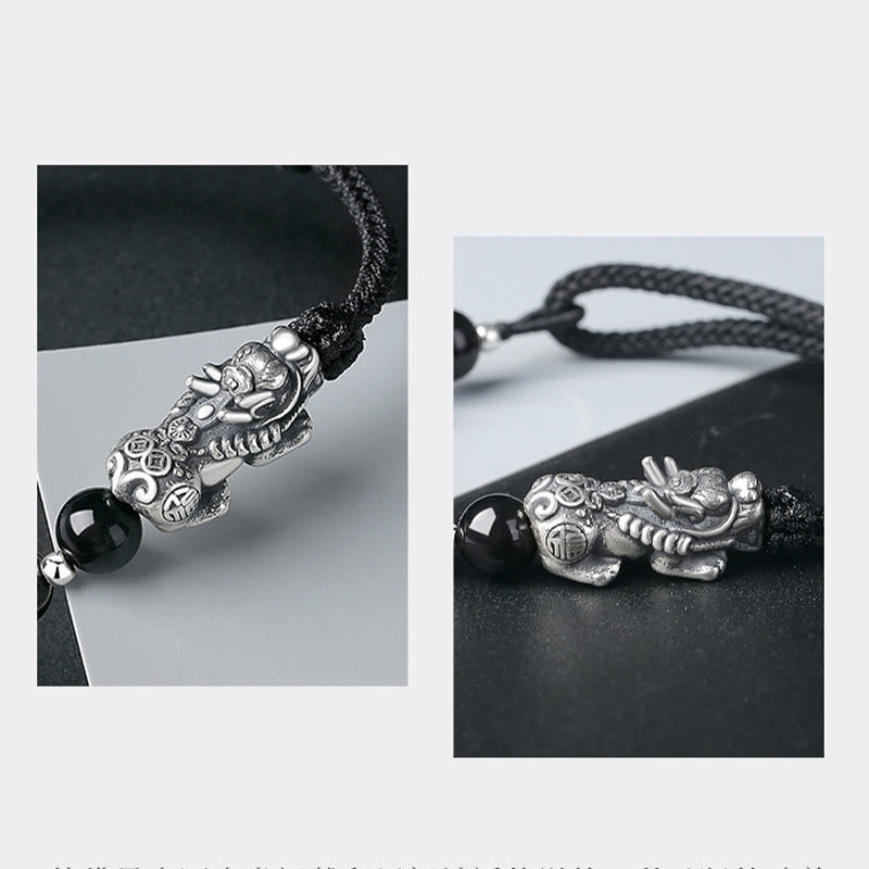 Fortune Jewel 999 Sterling Silver FengShui PiXiu Natural Black Obsidian 925 Sterling Silver Bead Strength Bracelet