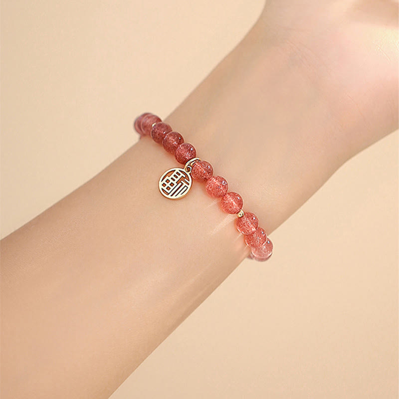 Fortune Jewel 14K Gold Plated Strawberry Quartz Fu Character Healing Charm Bracelet