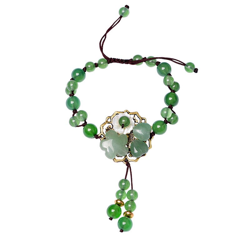 Fortune Jewel Natural Green Jade Luck Dangling Flower Bracelet