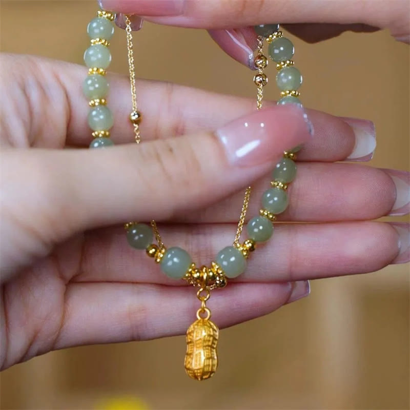 Fortune Jewel Jade Leaf Ginkgo Tulip Peanut Fu Character Luck Beaded Bracelet