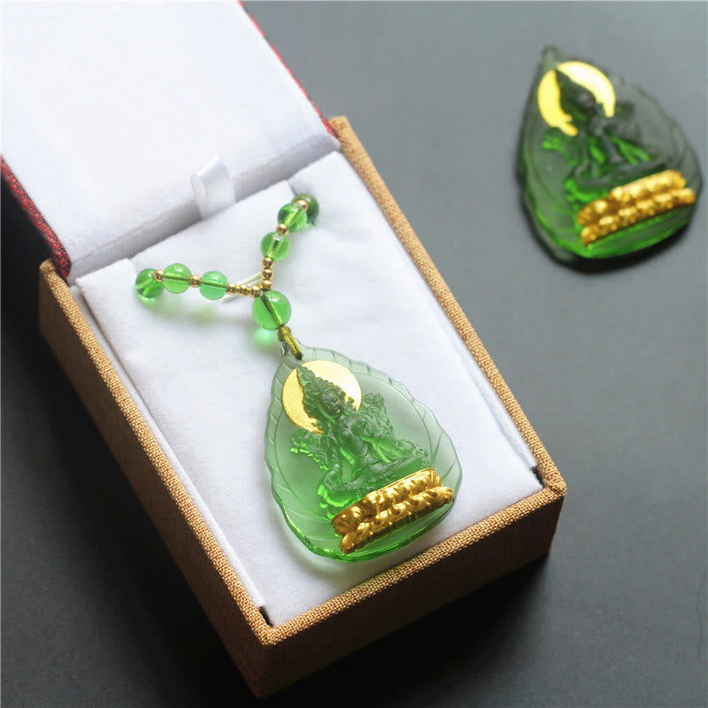 Fortune Jewel Tibetan Green Tara Buddha Gold Plated Liuli Crystal Protection Necklace Pendant Fortune Jewel
