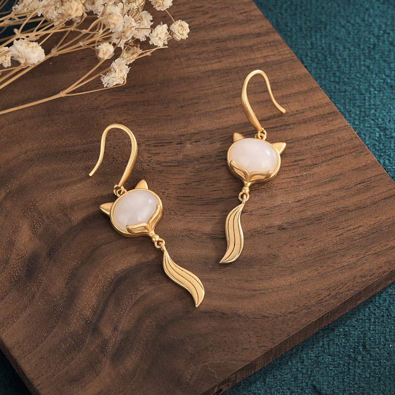Fortune Jewel FengShui White Jade Fox Fortune Earrings