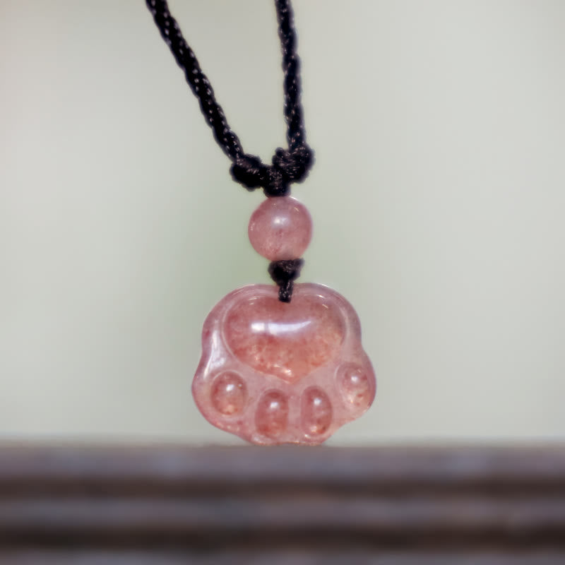 Fortune Jewel Strawberry Quartz Lovely Cat Paw Claw Healing Necklace Pendant