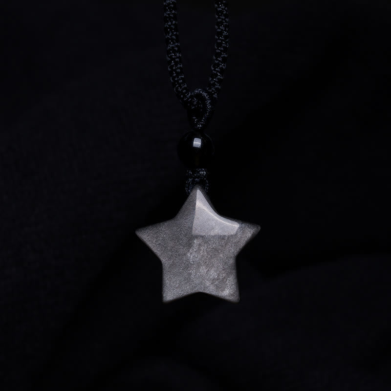 Fortune Jewel Natural Silver Sheen Obsidian Star Crescent Moon Protection Necklace Pendant