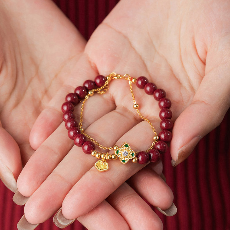 Fortune Jewel 925 Sterling Silver Natural Cinnabar Four Leaf Clover Flower Blessing Chain Bracelet