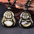Fortune Jewel Laughing Buddha Gold Sheen Obsidian Wealth Necklace Pendant