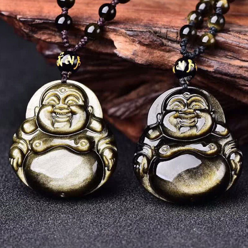 Fortune Jewel Laughing Buddha Gold Sheen Obsidian Wealth Necklace Pendant