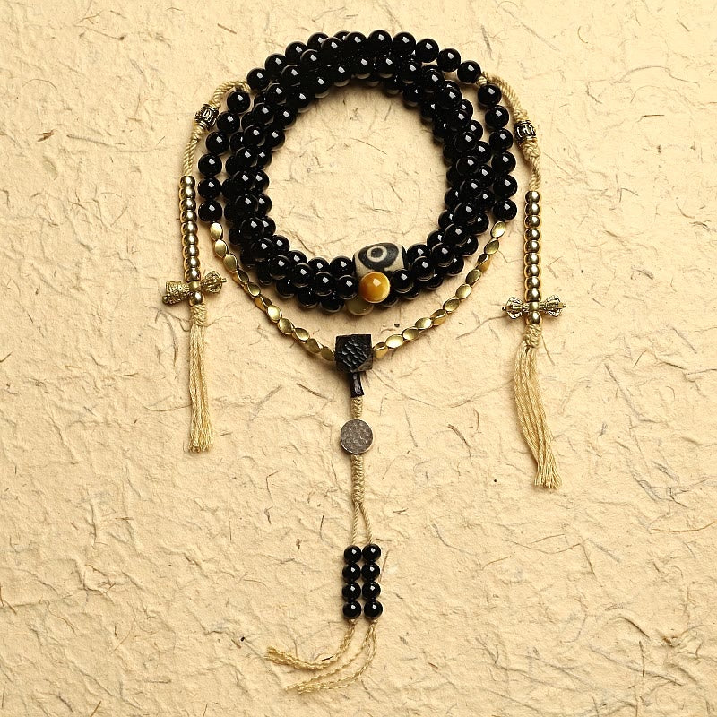 Fortune Jewel Tibetan 108 Mala Beads Black Onyx Three-eyed Dzi Beads Protection Bracelet