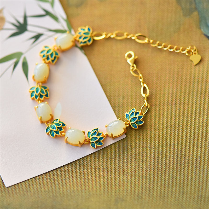 Fortune Jewel White Jade Cyan Jade Lotus Protection Bracelet Fortune Jewel