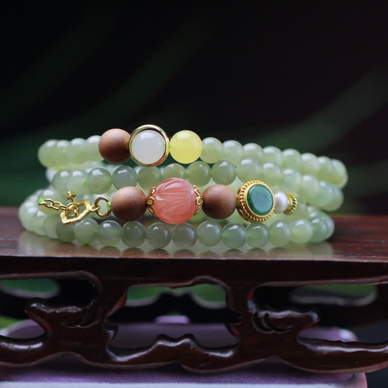 Fortune Jewel Natural Hetian Jade Amber Lotus Red Agate Luck Abundance Bracelet