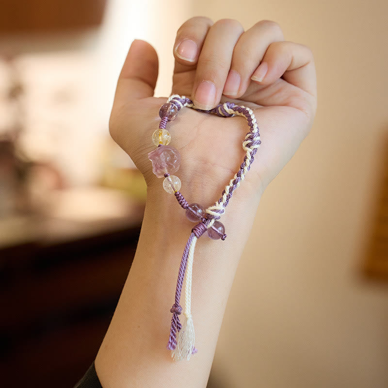 Fortune Jewel Natural Fluorite Amethyst Silver Sheen Obsidian Tiger's Eye Protection Rope Bracelet