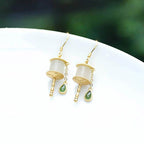 Buddha Stones 925 Sterling Silver Jade Prayer Wheel Luck Drop Earrings