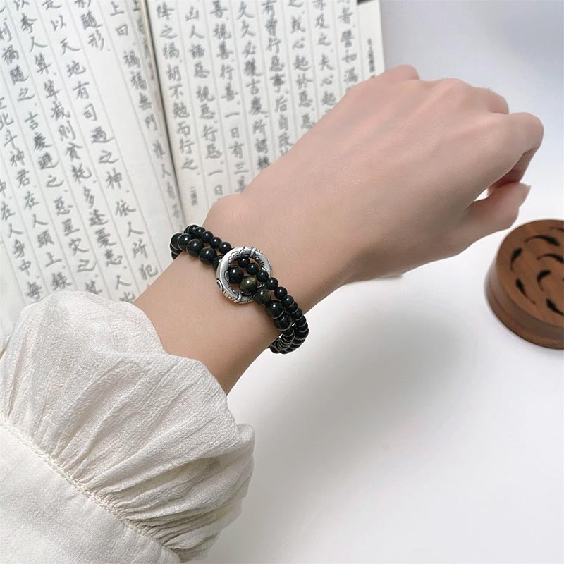 Fortune Jewel 999 Sterling Silver Black Obsidian Fulfillment Strength Double Layer Bracelet
