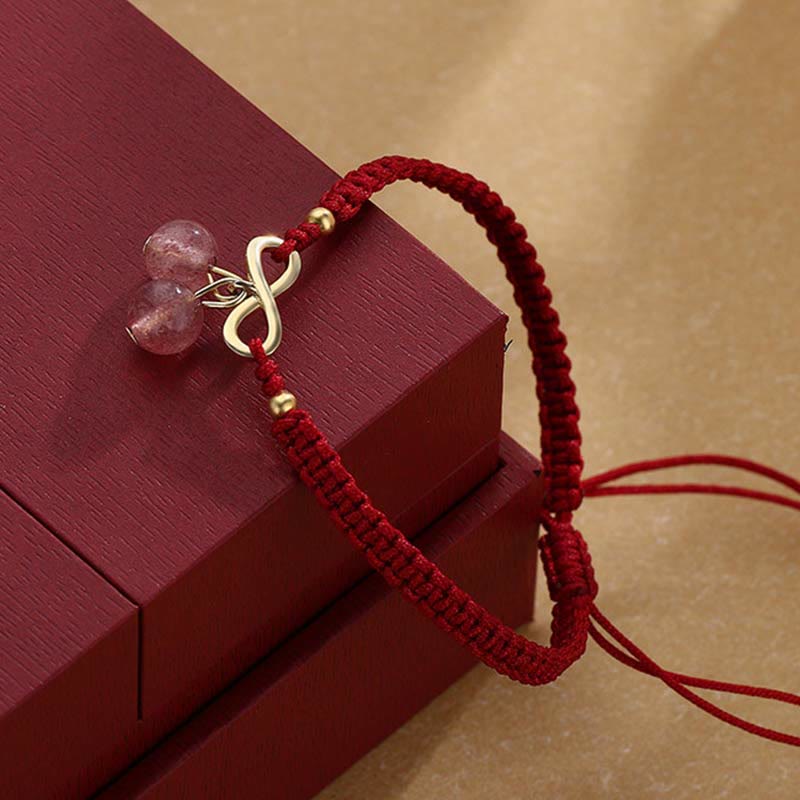 Fortune Jewel Strawberry Quartz Crystal Endless Knot Love Healing Red String Weave Bracelet