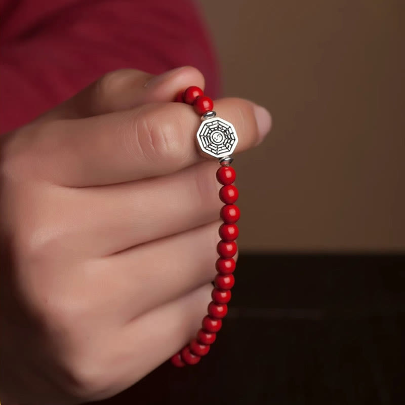 Fortune Jewel 925 Sterling Silver Yin Yang Bagua Symbol Cinnabar String Concentration Bracelet