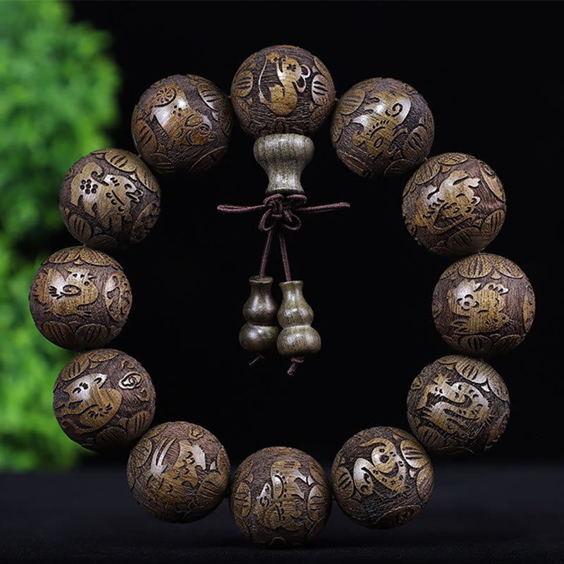 Fortune Jewel Chinese Zodiac Rosewood Ebony Copper Coin PiXiu Carved Warmth Bracelet