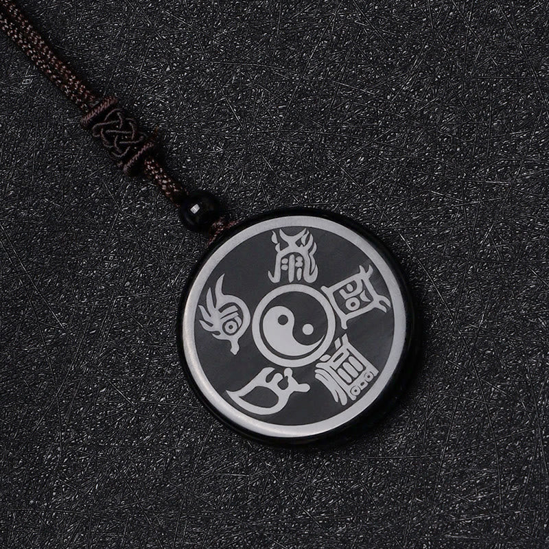 Fortune Jewel Black Obsidian Taoism Five Sacred Mountains Nine-Character Mantra Carved Purification Yin Yang Necklace Pendant