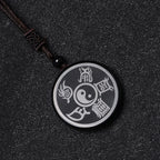 Fortune Jewel Black Obsidian Taoism Five Sacred Mountains Nine-Character Mantra Carved Purification Yin Yang Necklace Pendant