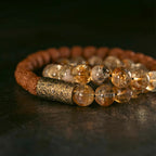 Fortune Jewel Natural Citrine Crystal Rudraksha Bodhi Seed Brass Bead Prosperity Double Wrap Bracelet