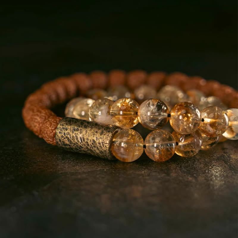 Fortune Jewel Natural Citrine Crystal Rudraksha Bodhi Seed Brass Bead Prosperity Double Wrap Bracelet