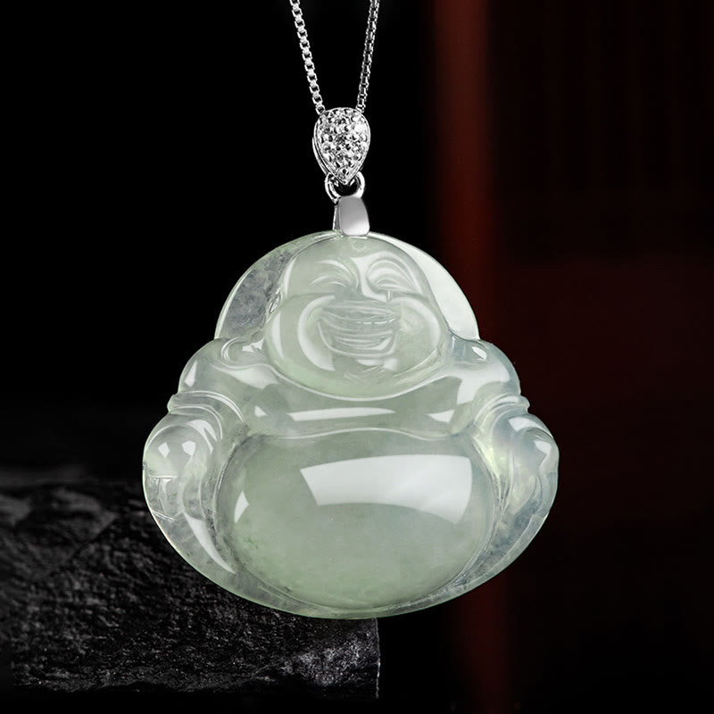 Fortune Jewel Natural Jade Laughing Buddha Prosperity Abundance Titanium Steel Chain Necklace Pendant Fortune Jewel