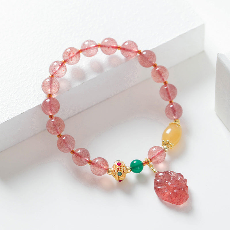 Fortune Jewel Natural Strawberry Quartz Nine Tailed Fox Healing Bracelet