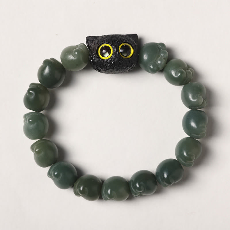 Fortune Jewel Natural Bodhi Seed Lovely Paw Ebony Wood Lucky Cat Wisdom Bracelet