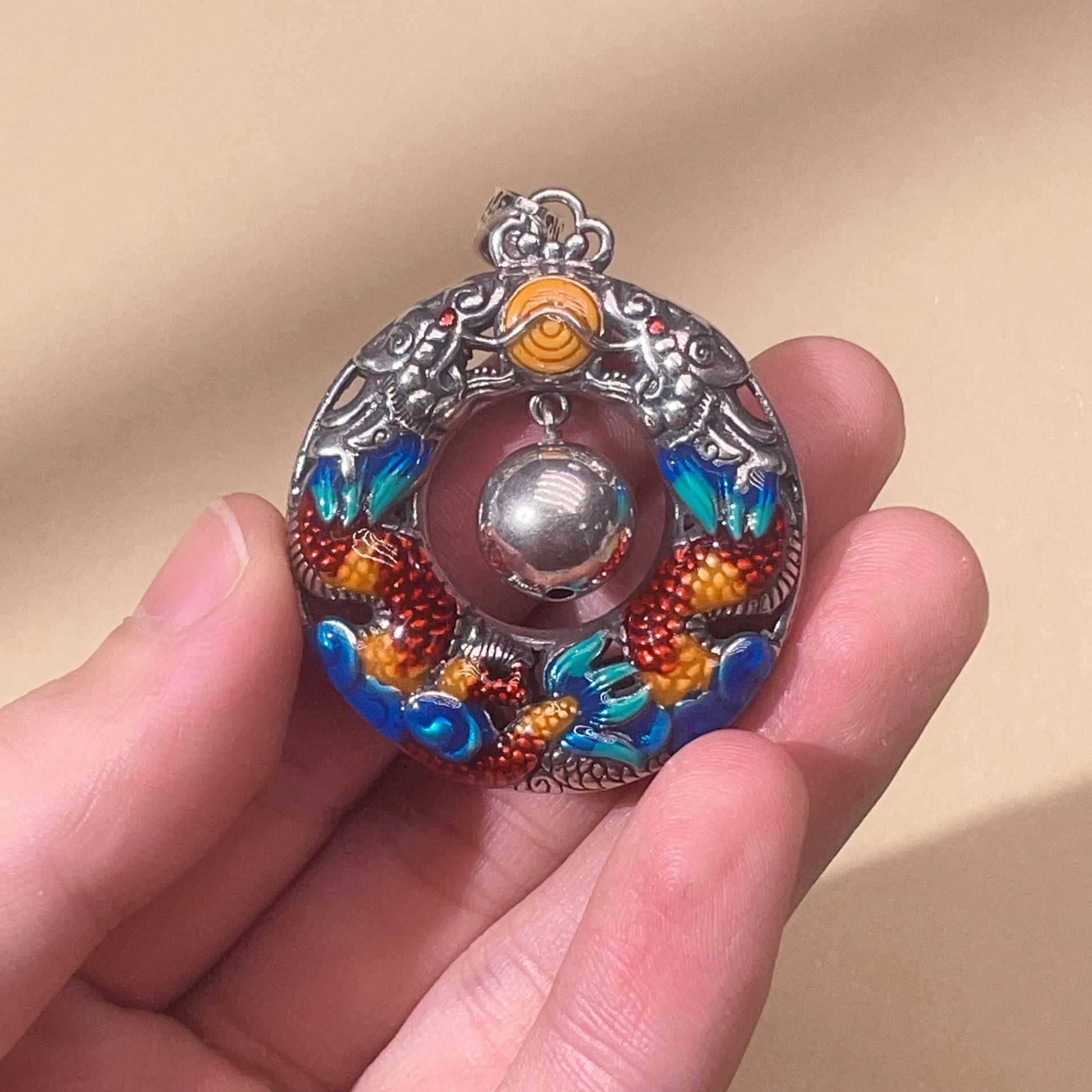 Fortune Jewel Year of the Dragon Colorful Double Dragons Playing Bead Copper Protection Necklace Pendant