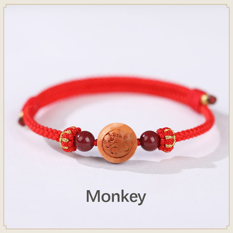 Fortune Jewel Natural Peach Wood Chinese Zodiac Fu Character Carved Cinnabar Wealth Bracelet