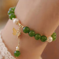 Fortune Jewel Natural Green Chalcedony Pearl Butterfly Courage Strength Bracelet