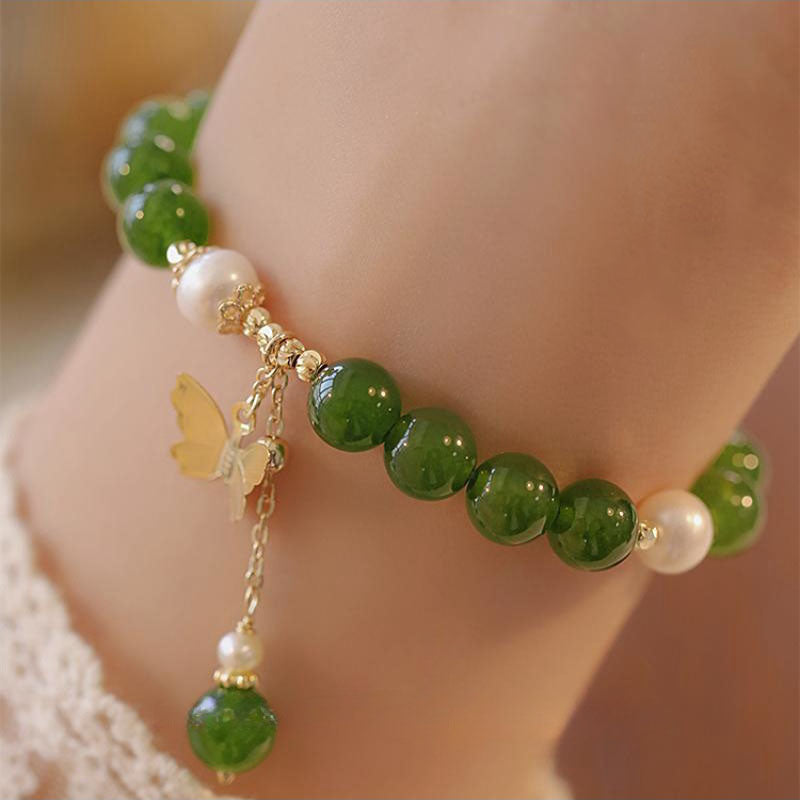 Fortune Jewel Natural Green Chalcedony Pearl Butterfly Courage Strength Bracelet