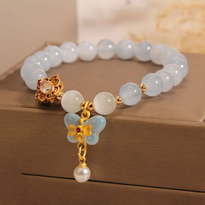 Fortune Jewel Aquamarine Cat's Eye Healing Butterfly Pearl Charm Bracelet