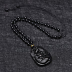Fortune Jewel Natural Black Obsidian Koi Fish Lotus Strength Beaded Necklace Pendant