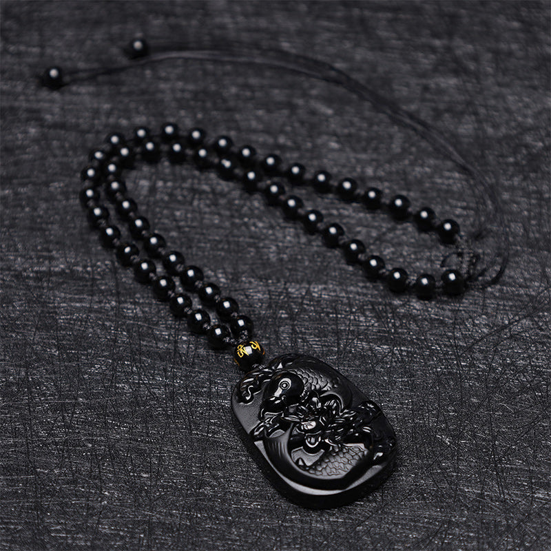Fortune Jewel Natural Black Obsidian Koi Fish Lotus Strength Beaded Necklace Pendant