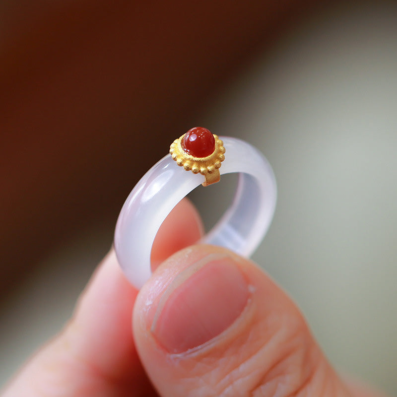 Fortune Jewel White Agate Cyan Jade Turquoise Red Agate Luck Protection Ring