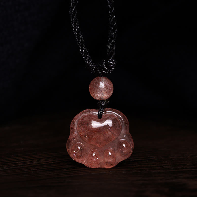 Fortune Jewel Strawberry Quartz Lovely Cat Paw Claw Healing Necklace Pendant
