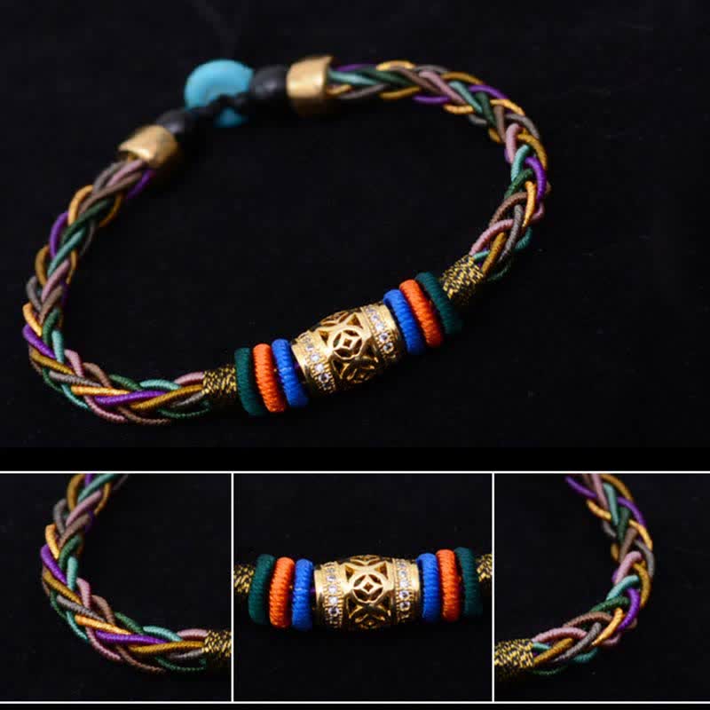 Fortune Jewel Tibetan Handmade Eight Thread Knot Copper Coin Luck Weave String Bracelet