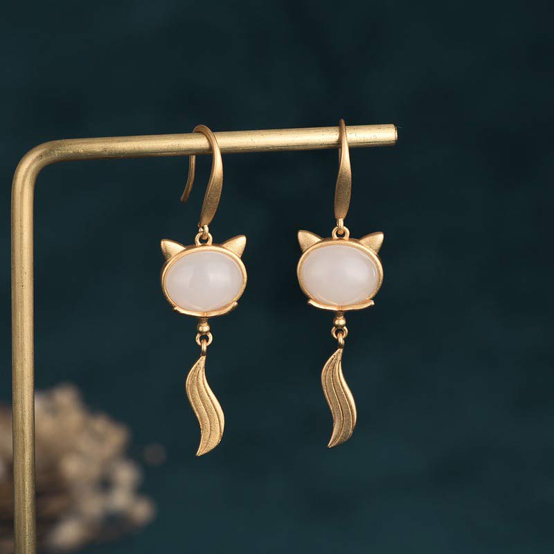Fortune Jewel FengShui White Jade Fox Fortune Earrings