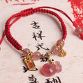 Fortune Jewel Natural Strawberry Quartz Money Bag Lotus Healing Charm Red String Braided Bracelet