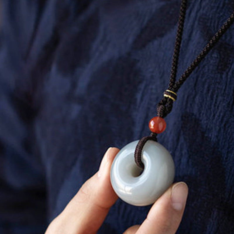 Fortune Jewel Natural Round Jade Gray Jade Peace Buckle Luck Necklace Pendant