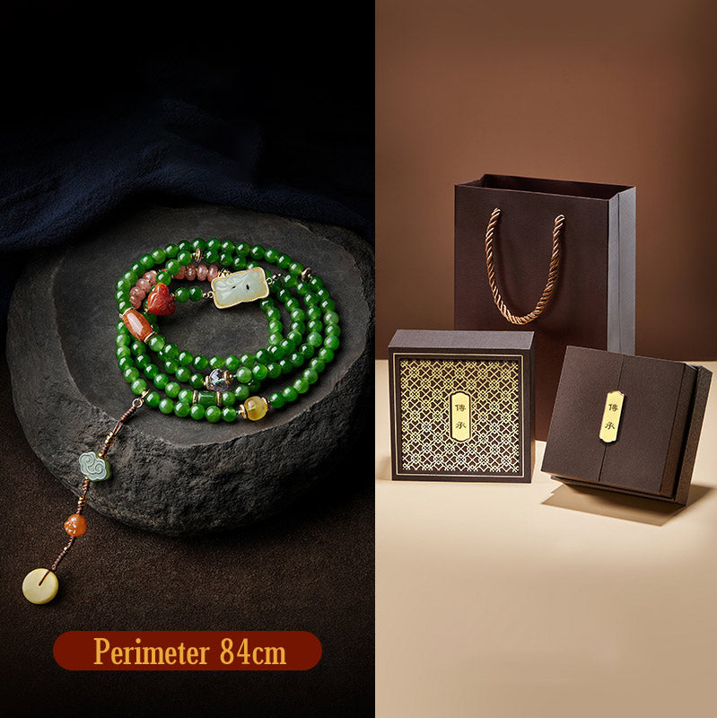 Fortune Jewel 108 Mala Beads Cyan Jade Red Agate Laughing Buddha Luck Bracelet Fortune Jewel