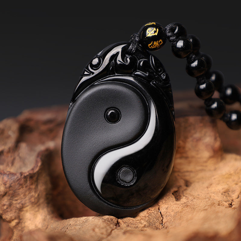 Fortune Jewel Natural Black Obsidian Yin Yang Fulfilment Strength Necklace Pendant