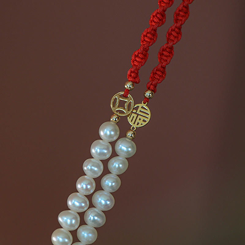 Fortune Jewel 14K Gold Plated Pearl Bead Luck Protection Braid Red String Bracelet