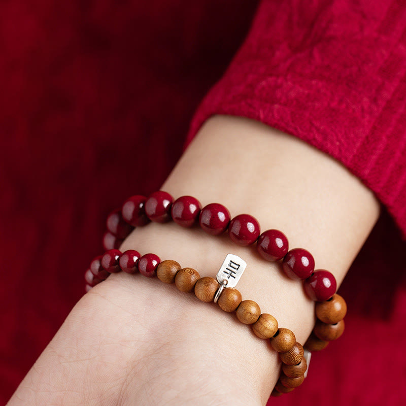 Fortune Jewel 925 Sterling Silver Peach Wood Cinnabar Ward Off Evil Spirits Bracelet