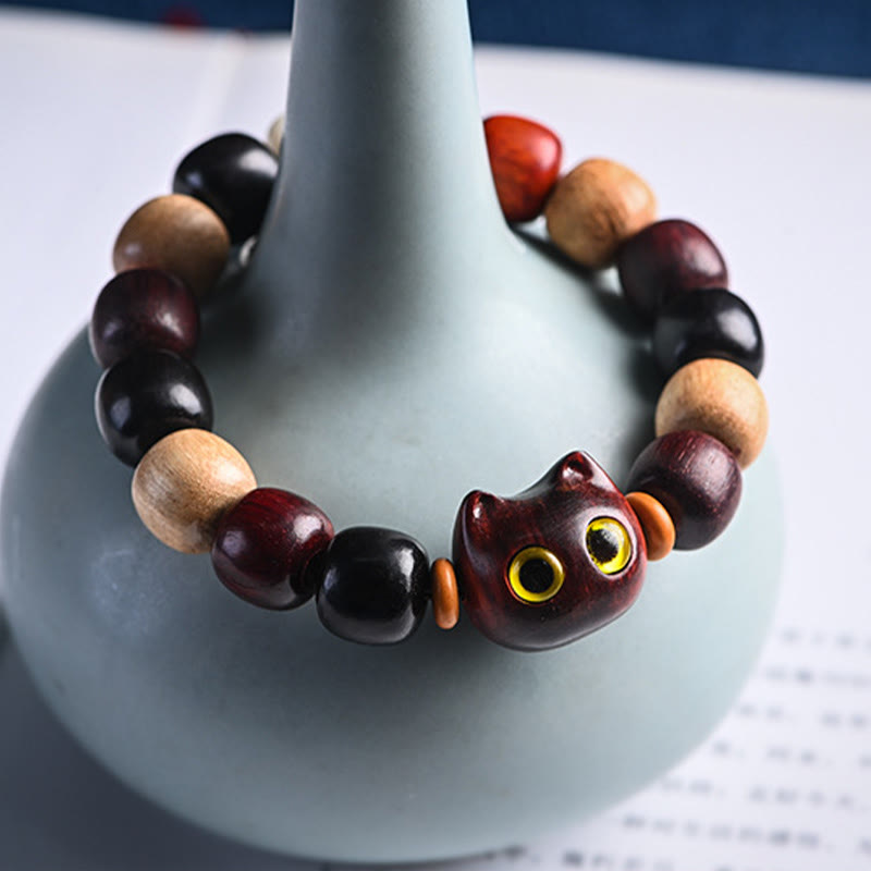 Fortune Jewel Small Leaf Red Sandalwood Ebony Wood Cute Cat Engraved Protection Bracelet