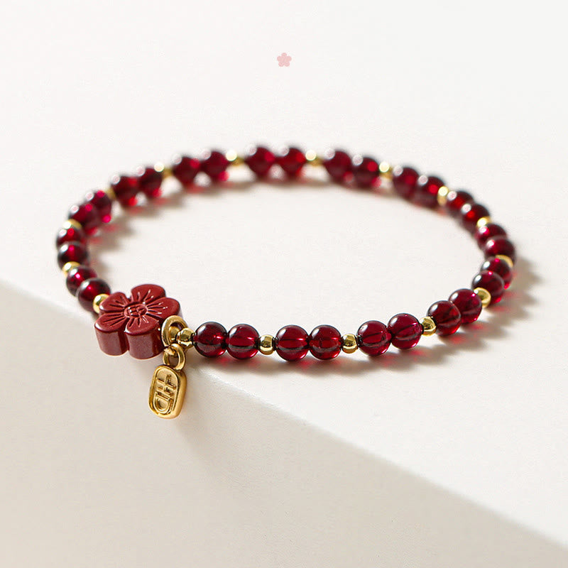 Fortune Jewel 14K Gold Plated Natural Garnet Cinnabar Flower Calm Bracelet