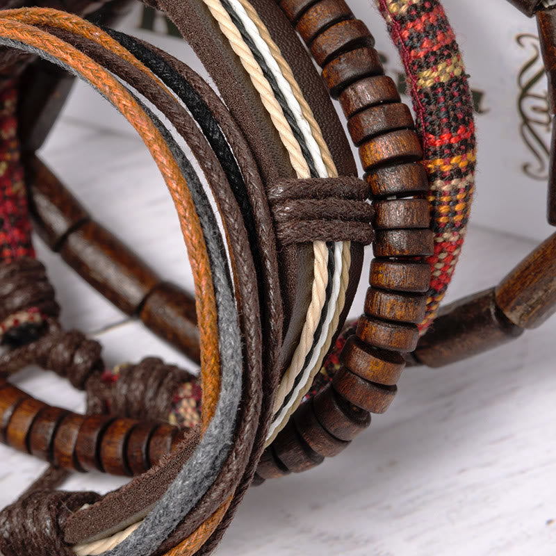 Fortune Jewel Wrap Hemp Cords Wood Beads Leather Bracelet