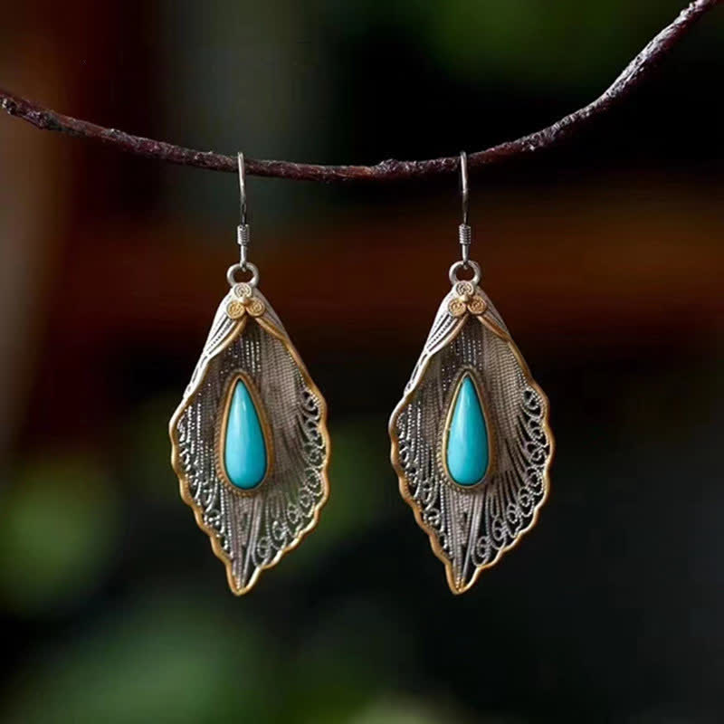 Fortune Jewel 925 Sterling Silver Turquoise Bodhi Leaf Pattern Protection Drop Dangle Earrings