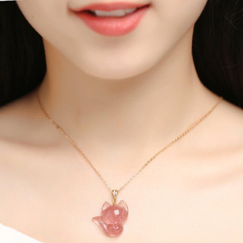 Fortune Jewel 925 Sterling Silver Plated 14k Gold Strawberry Quartz Fox Healing Necklace Pendant